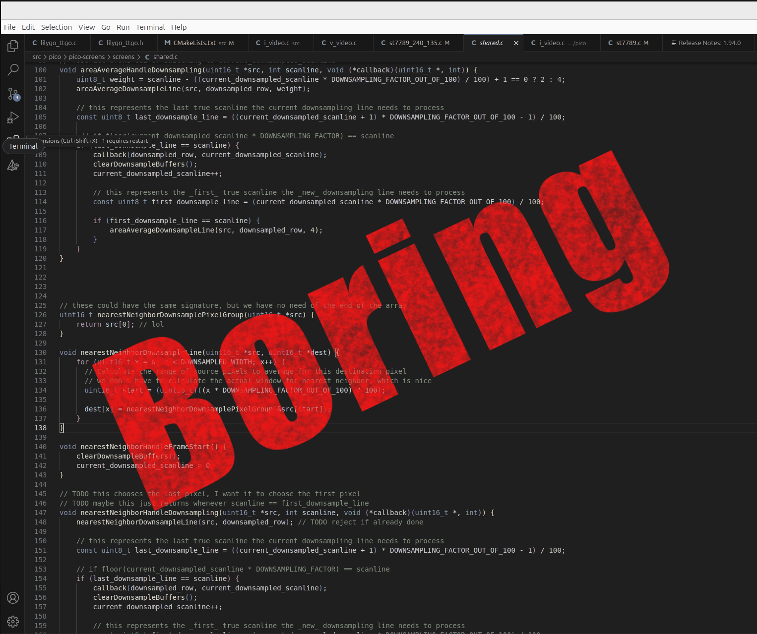 (image of code with the word "BORING" stamped on it that links to git diff)